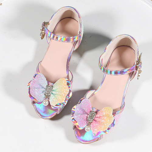  New Ice and Snow Rainbow Dream Girls' High Heels Children's Princess Sandals Bowknot Kids' Shoes Crystal Heels