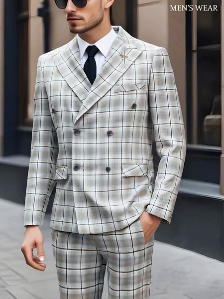 New Foreign Trade Style Spring and Autumn Large Size British Business Retro Casual Printed Double-Breasted Men's Suit Two-Piece Set