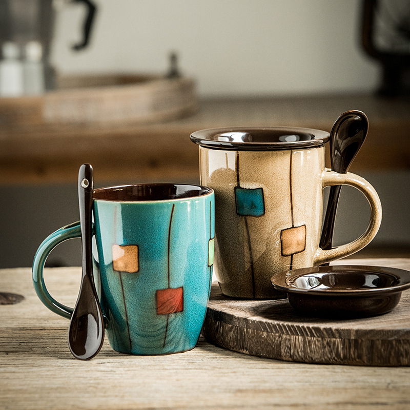 Vintage horno taza de café con tapa cuchara personalizada Taza de cerámica Oficina taza de agua regalo del hogar taza de tambor