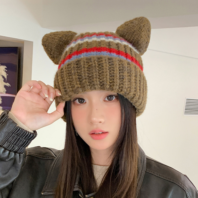 美式甜酷加厚条纹针织帽秋冬保暖猪耳朵毛线帽休闲百搭防风套头帽|undefined