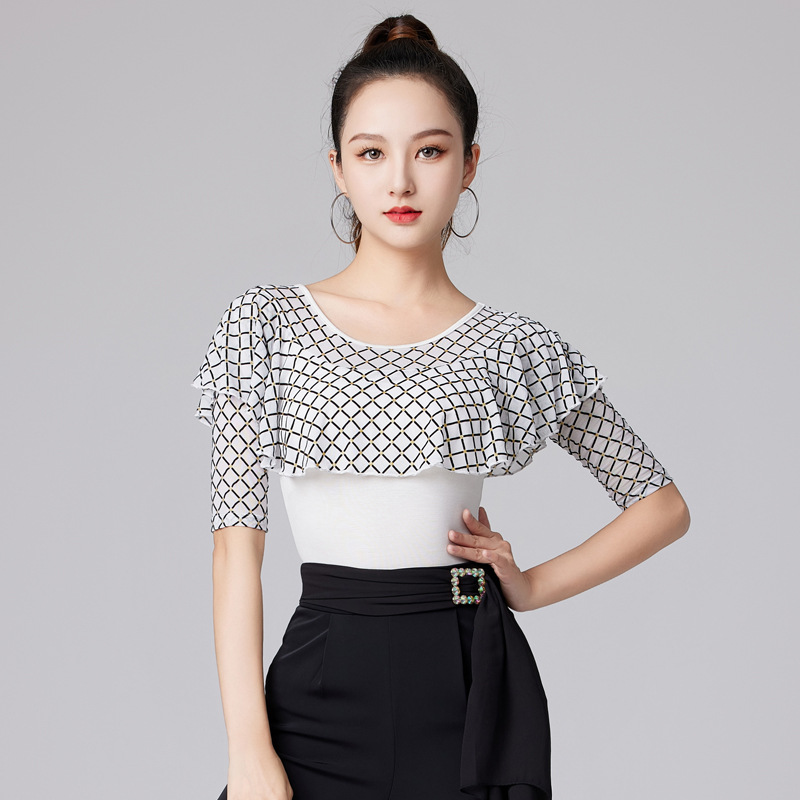 Latin Dance Top Women's New Round Neck Modern Dance Costume Ruffled Dance Costume Mid-Sleeve Waltz Practice Suit Summer