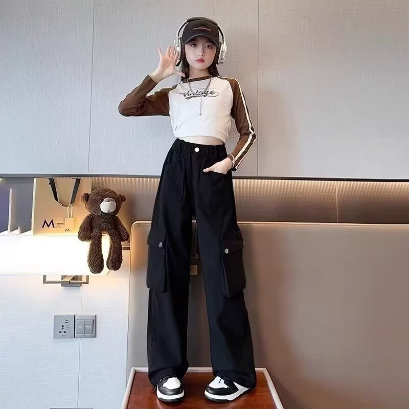 女童春秋裤子批发儿童直筒阔腿裤中大童嘻哈街舞潮酷穿搭工装裤子|undefined