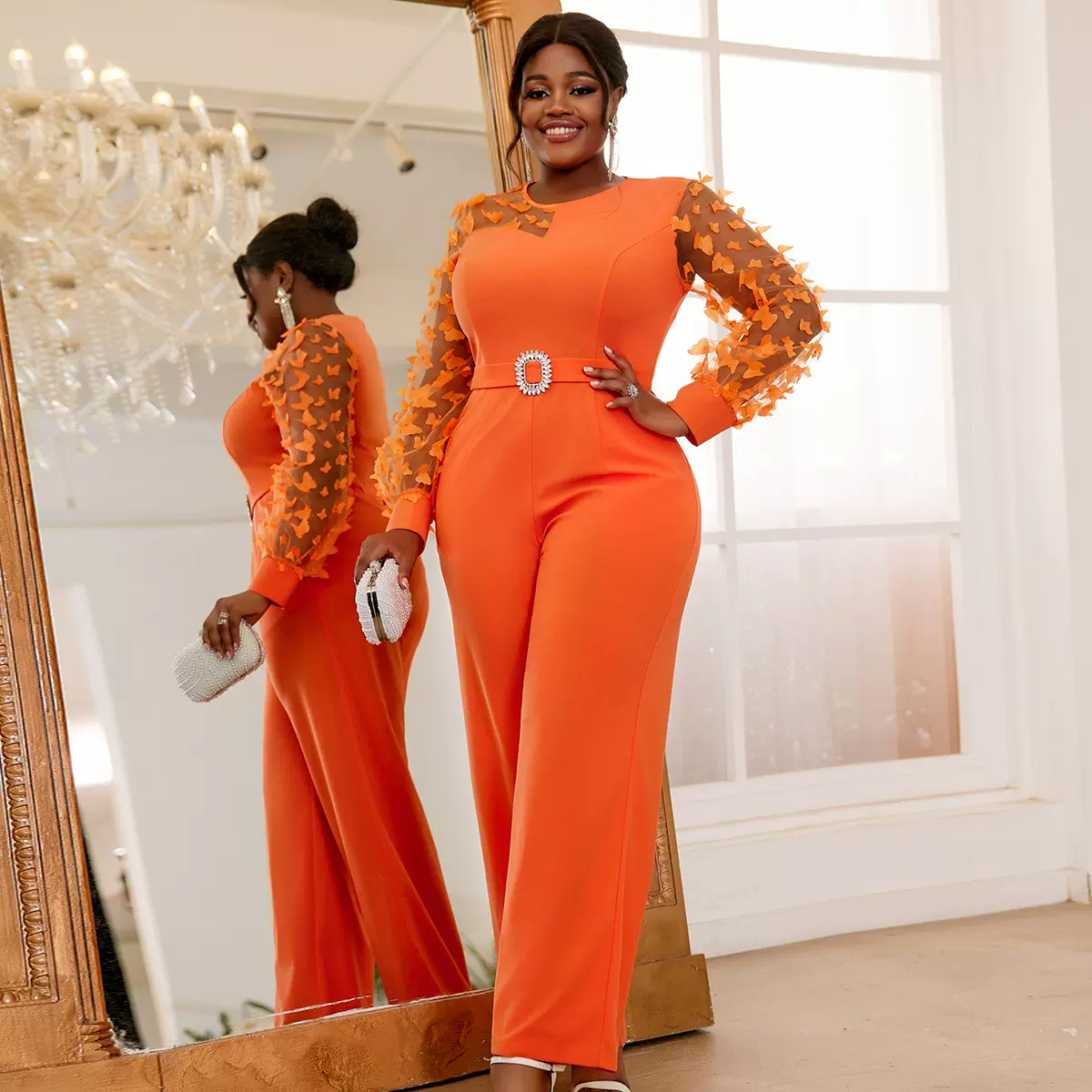 AM040520大码圆领透视灯笼袖连体裤 个性蝴蝶装饰高腰裤 jumpsuit