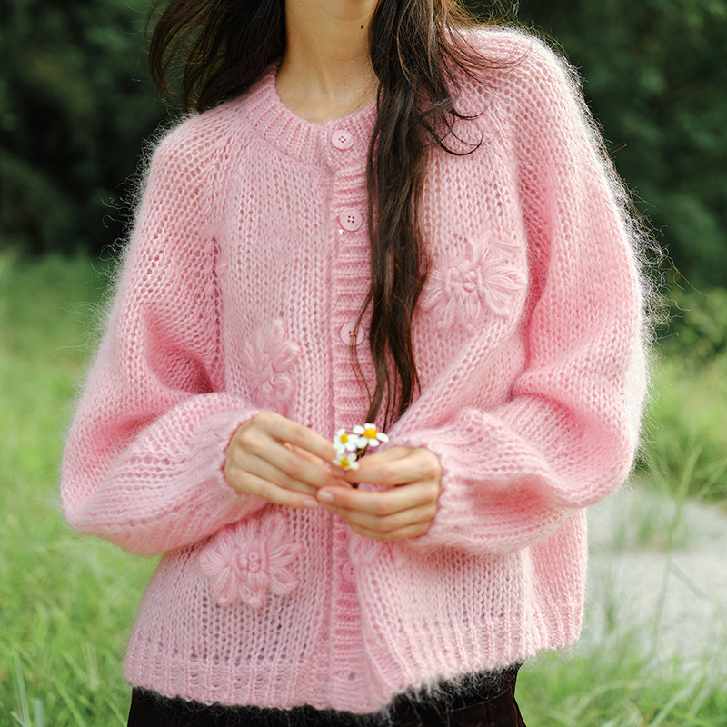 2026 Autumn/Winter New Mohair Knitted Cardigan for Women with Heavy Embroidered 3D Flowers and Loose Lantern Sleeves Sweater Coat