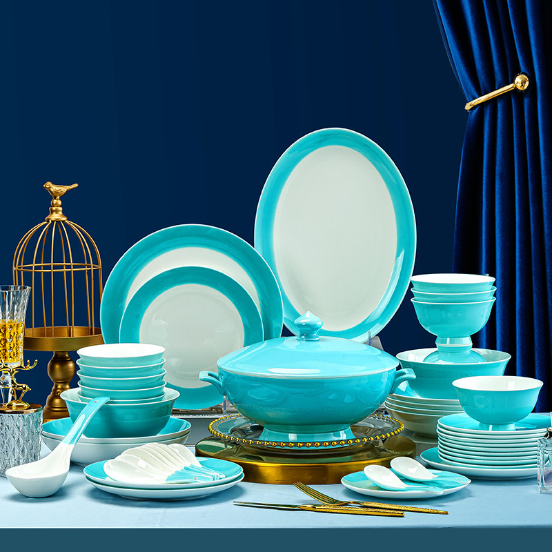 Dish Set Household Accessible Luxury Underglaze Color Jingdezhen Ceramic Bone China Housewarming Tableware Set Bowl and Plate Combination