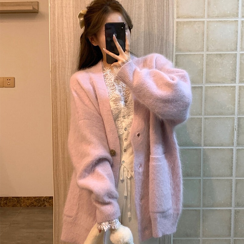 仿水貂绒奶的毛衣外套女装秋冬新款慵懒领针织开衫上衣|undefined