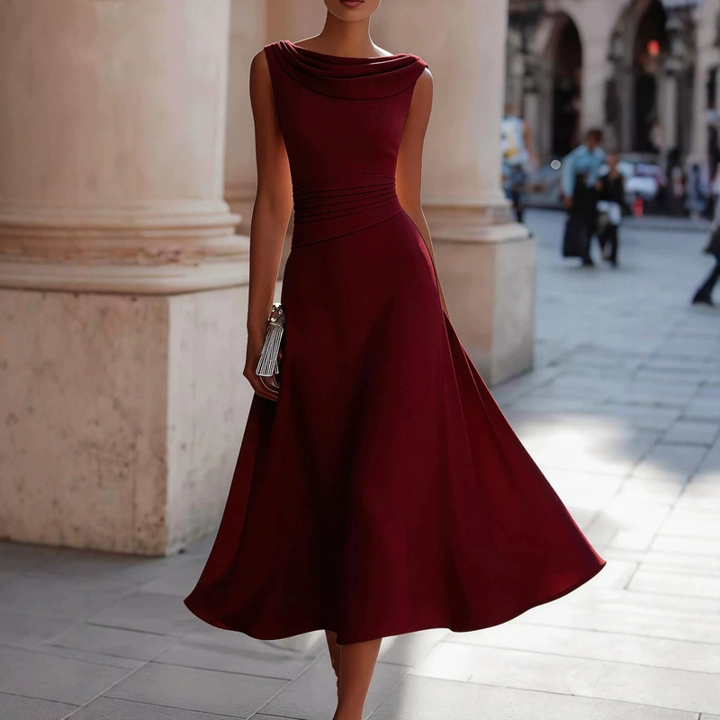 2026 European and American Foreign Trade Summer Swing-Neck Sleeveless Dress for Women, Waist-Cinching Slimming Large Hem Mid-Length Gown for Women 2026 European and American Foreign Trade Summer Swing-Neck Sleeveless Dress for Women, Waist-Cinching Slimming Large Hem Mid-Length Gown for Women