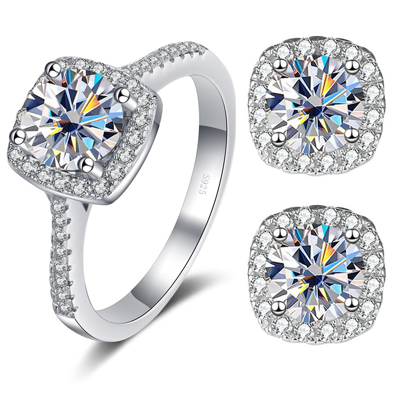 Transfronterizo 1 quilate de anillo de diamante de mosaico conjunto de pernos de orejas transfronterizos venta caliente rosa persiana joyas de piedra de mosaico