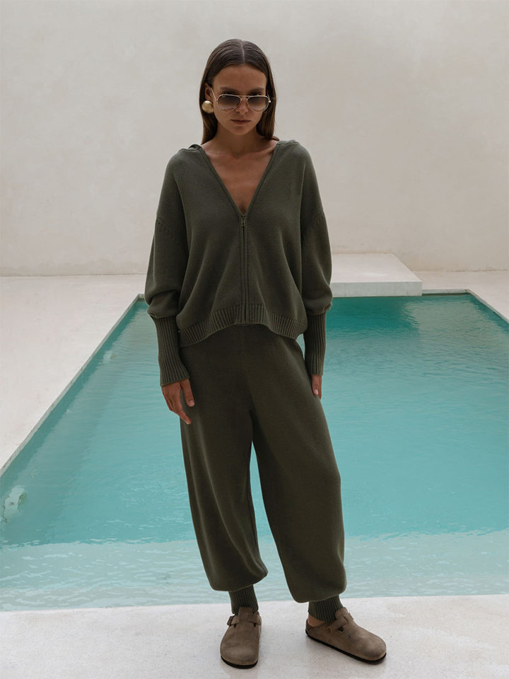 Bộ áo cardigan dệt kim có mũ khóa kéo dáng rộng kèm quần ống ôm cotton — Màu cà phê, Màu trắng, Màu xanh dương, Xanh lá cây chi tiết 25