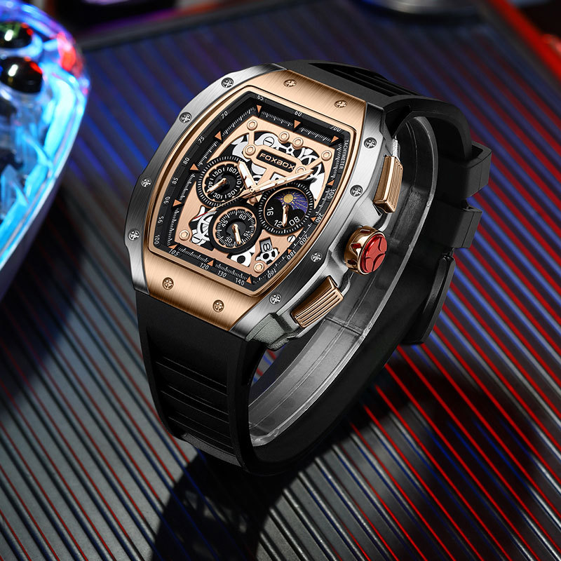 FOXBOX cubo hombres jóvenes deportes multifunción reloj impermeable calendario reloj de cuarzo hueco 0015