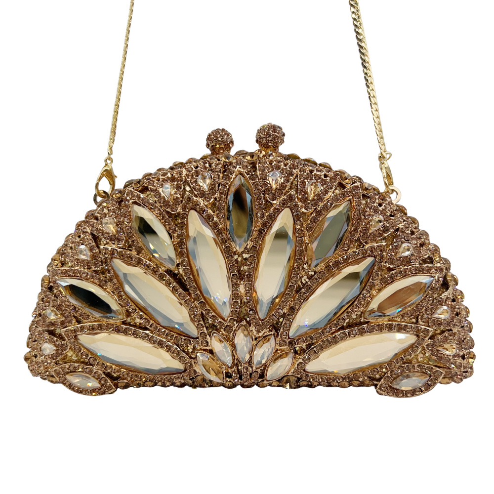 Túi satchel nữ đính pha lê kim cương hình quạt marquise sang trọng dự tiệc — vàng, Vàng AB, Kim cương trắng trên vàng, Kim cương bạc trên nền đen chi tiết 2