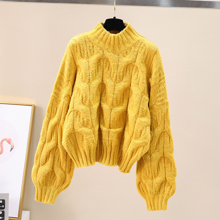 Linterna puff manga cuello redondo Twist pullover mujeres otoño y el invierno estilo perezoso coreano flojo grueso trenzado suéter image 13