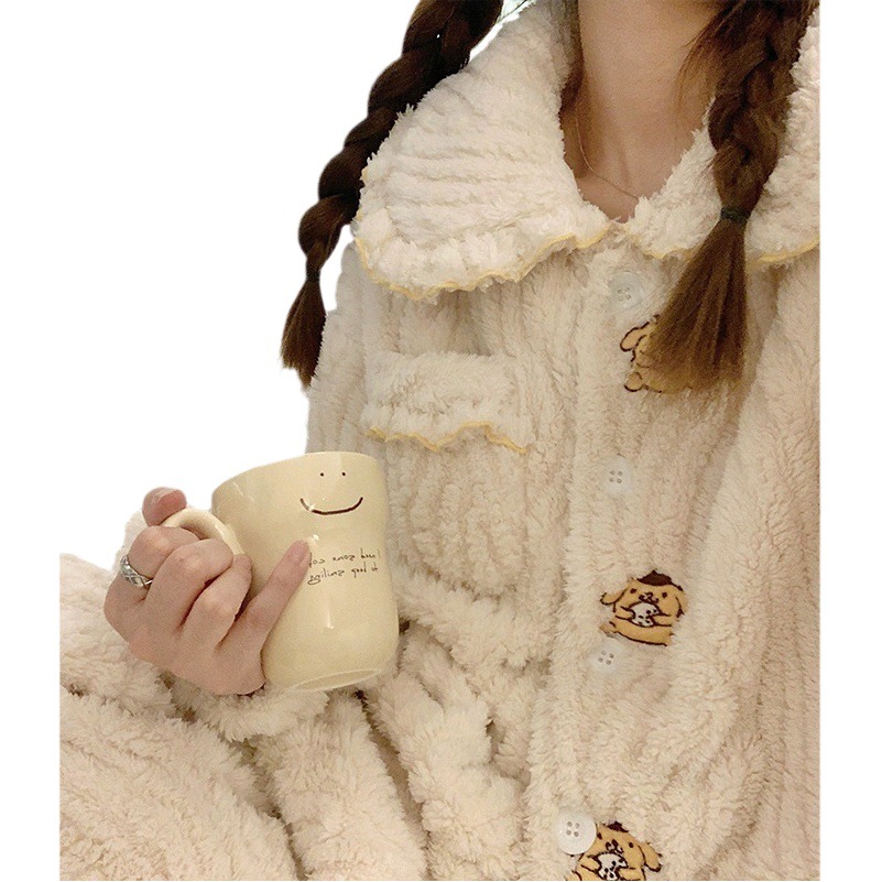 Simple estilo japonés franela chica pijamas de lana de coral Otoño e Invierno manga larga desgaste del hogar engrosada Internet celebridad estilo traje