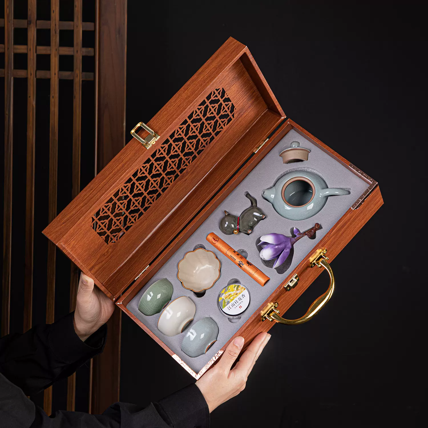 大师手作哥窑汝窑可养开片茶壶茶具套装滤孔壶礼盒装家用办公室礼