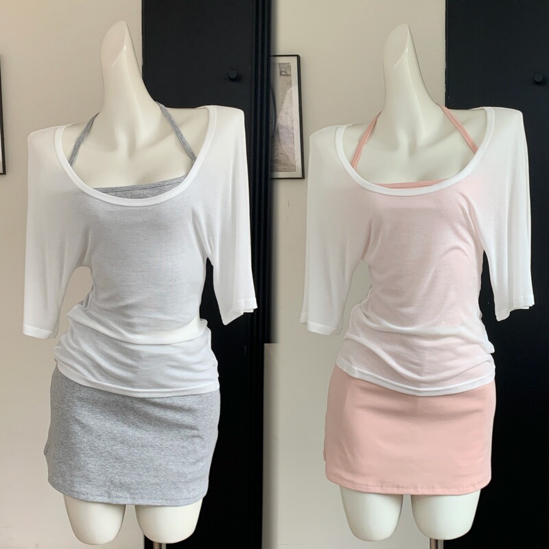 Lazy Beauty Outfit: T-Shirt, Camisole, Early Autumn Skirt, Korean-Style Casual Three-Piece Set