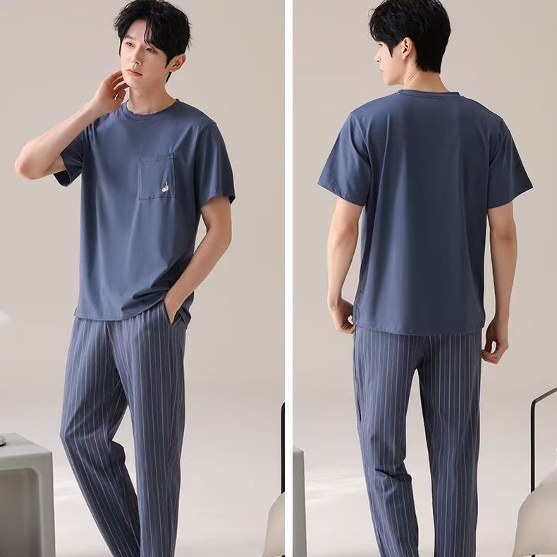 Pullover Cotton Pajamas Men's Spring and Summer New Short-Sleeved Round Neck Trousers Solid Color Casual Outer Wear Home Wear Set