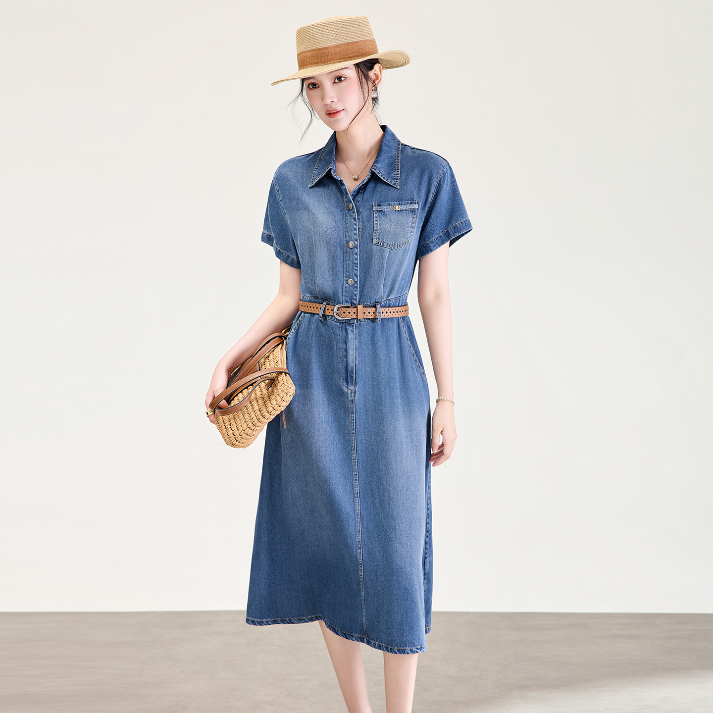 Váy denim nữ cạp cao dáng chữ A tay ngắn mùa hè — Cao bồi xanh
