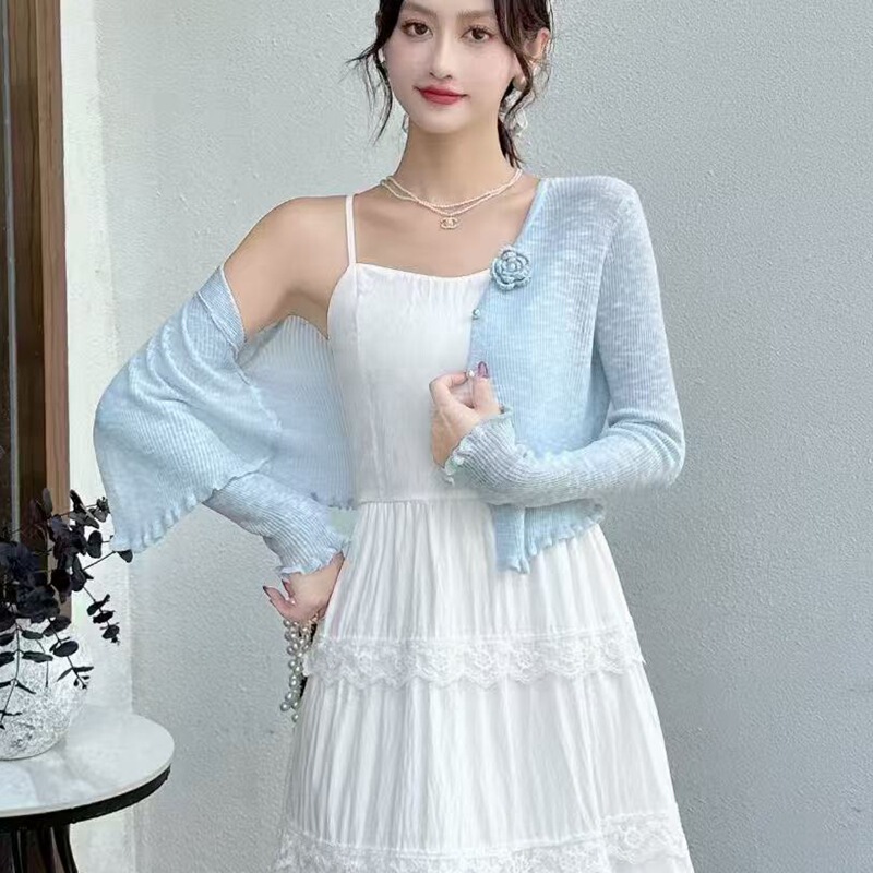 Super Fairy Fairy Mori Style French Style Gentle Blue Cardigan Women's Slimming Knitted Top Spring and Summer New Arrival
