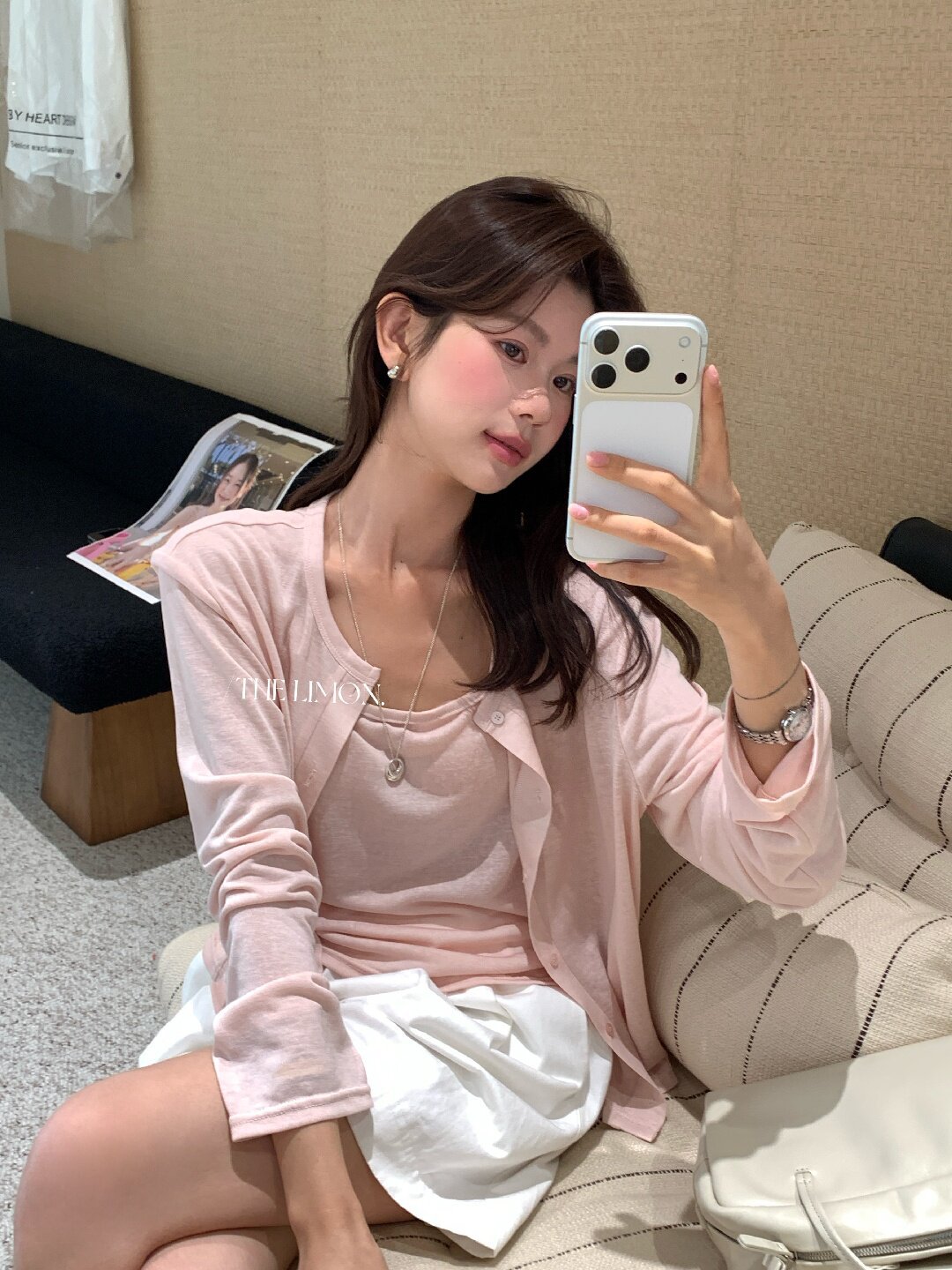 Bộ cardigan len mỏng kèm áo hai dây hai mảnh nữ mùa hè — Xám cacbon, xanh lam, màu hồng, Đậu xanh chi tiết 89