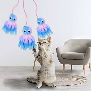 新款悬挂发声八爪鱼小猫玩具毛绒章鱼弹力逗猫棒解闷自嗨宠物玩具