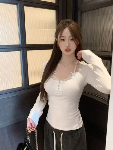 Pure Desire Windproof Fleece Lace Splicing Bow Tie T-Shirt for Women Autumn and Winter Base Layer Top Slim Short Sleeve Warm Up Top for Women