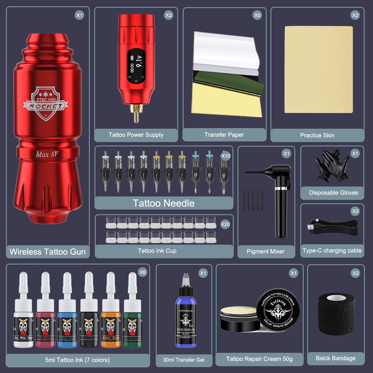 Juego de máquina de tatuaje de lápiz de tatuaje inalámbrico de batería dual, máquina todo en uno, duración de la batería de larga duración, viaje ajustable, equipo de tatuaje transfronterizo