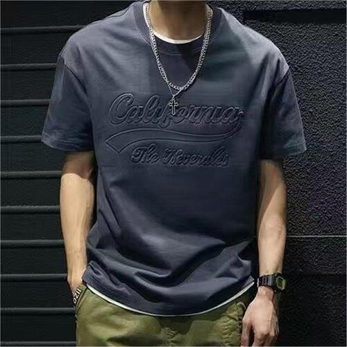 Summer Loose Letter Embossed Steel Print Crew Neck Short Sleeve Hong Kong Style Versatile American Trend Brand T-Shirt for Men in Black