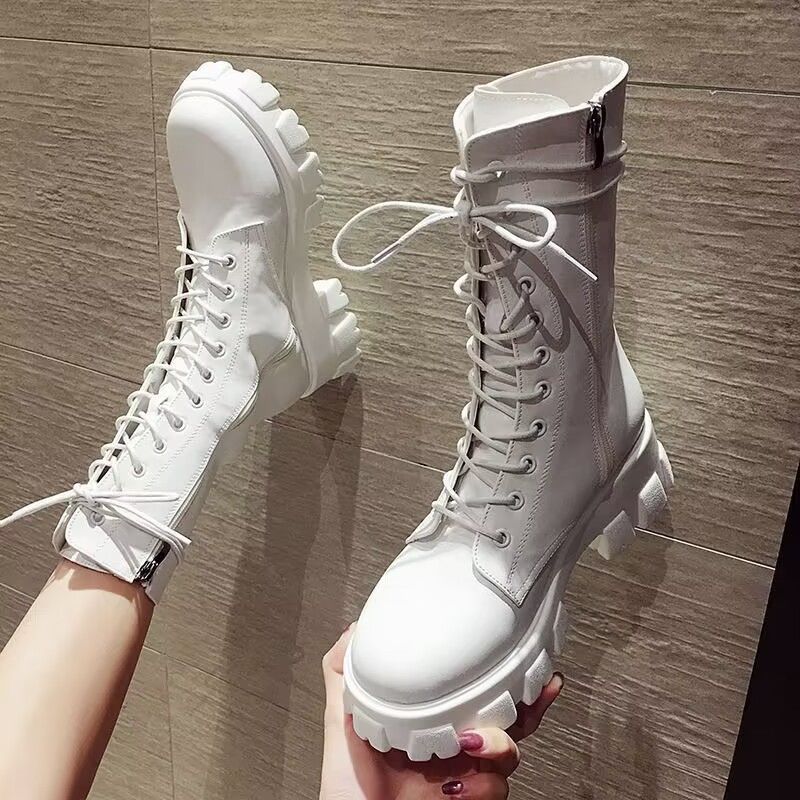 35-43 Large Size Women's Shoes for Fat Girls Thick-Soled Mid-Calf Boots Motorcycle Boots 41 British Style Lace-Up Boots 42