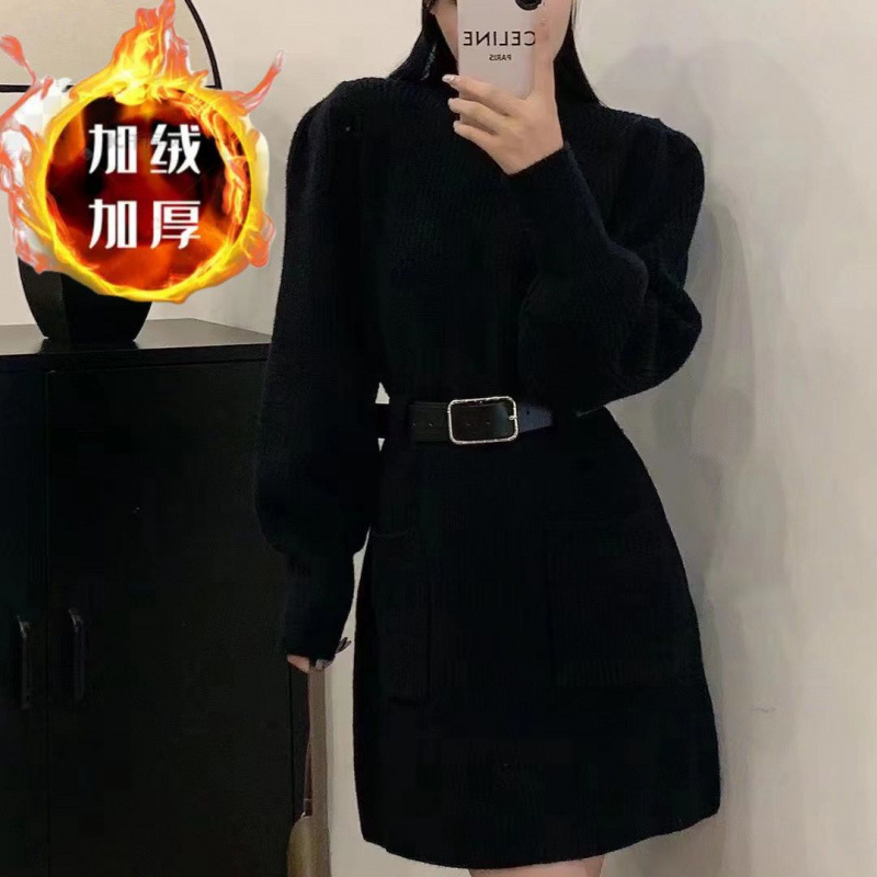 法式温柔富家千金风针织连衣裙女秋冬季配大衣中长款打底毛衣裙子|undefined