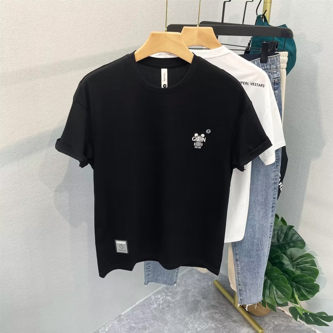 Lāča apdrukas īsroku T-krekls vīriešu vasaras brīvā stila pāru tērpam, tīras kokvilnas apaļa kakla T-krekls ar_voghion.com