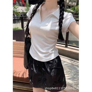 White Right Shoulder Polo Lapel Short-Sleeved T-Shirt for Women Summer New Slimming Look Design Pleated Versatile Top