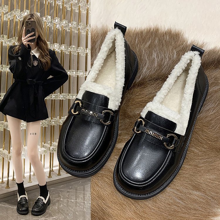 英伦风皮鞋女秋冬新款复古韩版时尚百搭乐福鞋超轻豆豆鞋冬季加绒