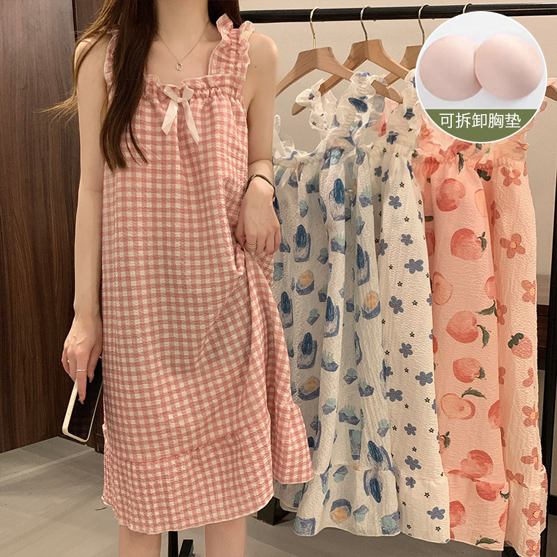 Ins-Style Pajamas for Women 2026 Summer Thin Style That Can Be Worn Outside, Vest Nightgown, Korean Style Cute Style Home Clothes with Chest Pads Ins-Style Pajamas for Women 2026 Summer Thin Style That Can Be Worn Outside, Vest Nightgown, Korean Style Cute Style Home Clothes with Chest Pads