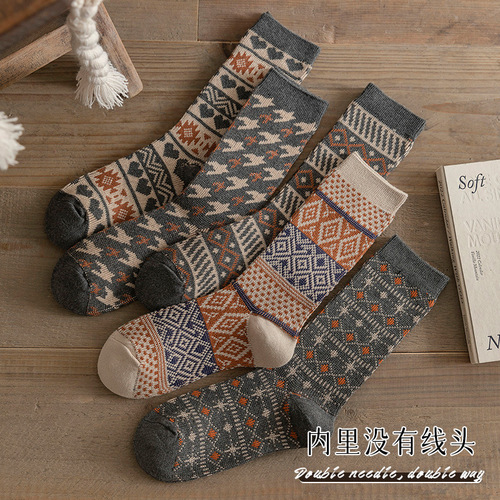 Double needle double-way socks for women's mid-tube socks thickened warm wireless head stockings retro ethnic style