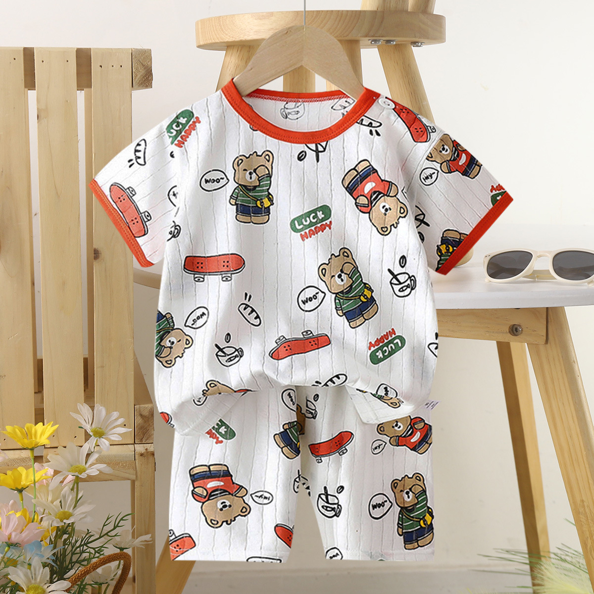 Nuevo traje de bebé de verano de dos piezas de manga corta de algodón para niños, pantalones cortos para bebés, ropa de casa delgada de dibujos animados