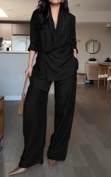 2025年新款女装欧美亚马逊跨境外贸长袖褶皱休闲宽松阔腿驼色套装|undefined