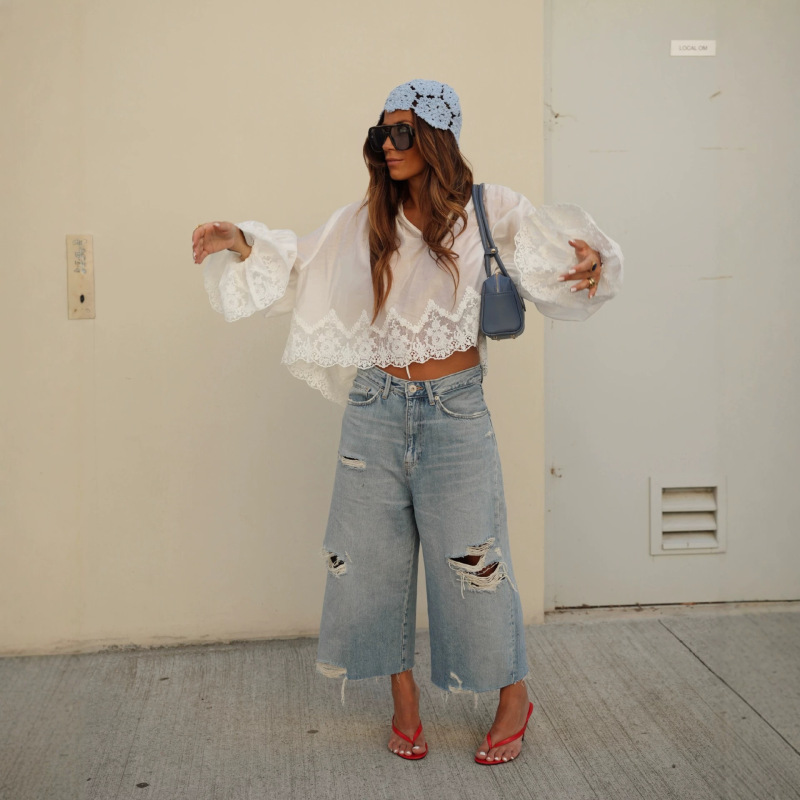 Jeans American-style straight ripped denim pants, high street wide-leg loose slimming versatile cropped pants