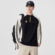 名绅门男装秋季新款长袖t恤男款潮牌速干拼接款休闲圆领抑菌上衣