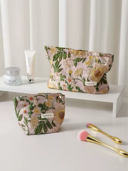 Fresh Retro Gold Jacquard Fabric Makeup Bag for Girls, Travel Portable Canvas Storage Bag, Clutch Bag, Inner Bag