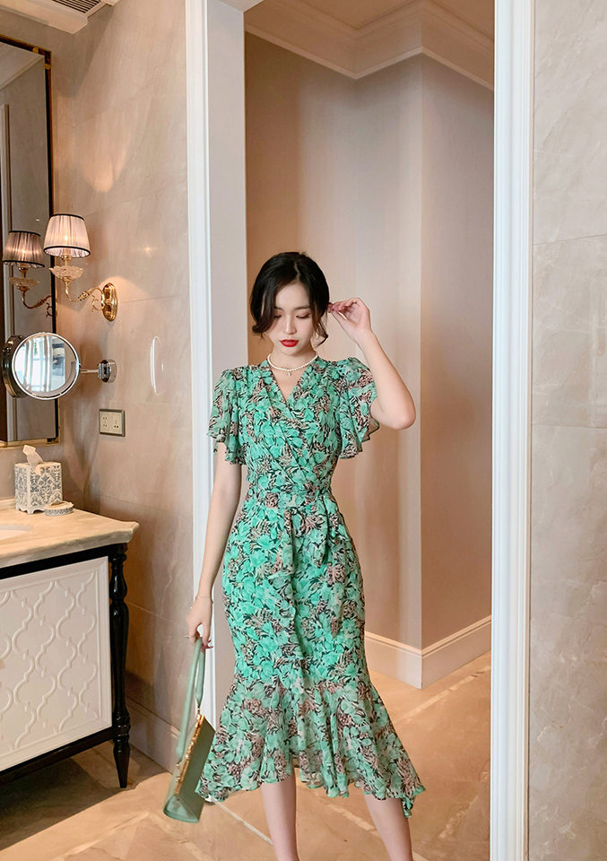 Váy maxi đuôi cá voan xếp tầng kiểu Pháp tay bồng che khuyết điểm — Màu xanh lá chi tiết 19