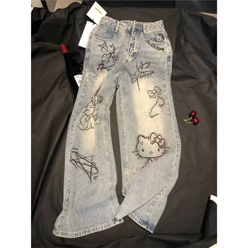 Japanese Retro Kate Cat Graffiti Rhinestone Jeans for Women Trendy Spring Summer Petite High-Waisted Wide-Leg Straight Pants
