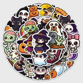 50张原创超萌万圣节贴纸跨境热门节日Halloween手绘防水装饰贴纸