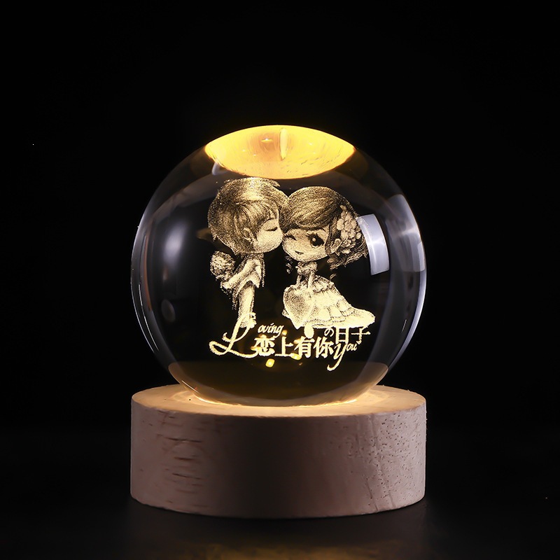 Bola de cristal luminosa lámpara de noche 3D esculpida estrella base de madera sólida regalo de cumpleaños decoración de escritorio creativa