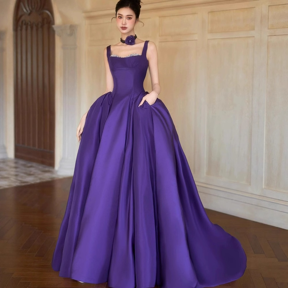 Purple string temperamento vestido de noche otoño 2025 nuevo estilo simple satén de fiesta de cumpleaños vestido elegante