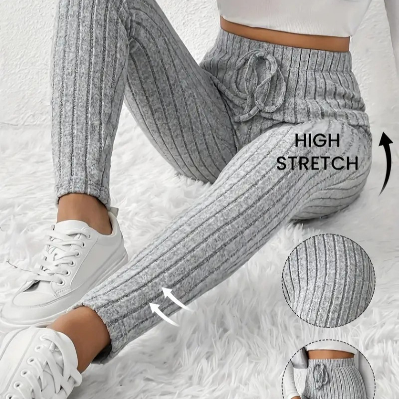 European and American Fashion Elegant Women's Solid Color Rib Knitted Drawstring Tight Base Knitted Tight Pants