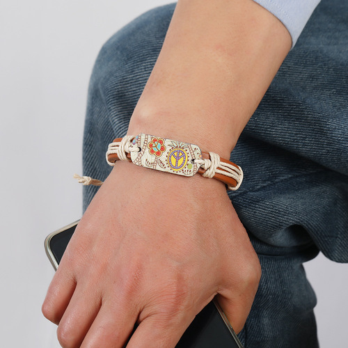 Vintage Bestselling Leather Bracelet Genuine Leather Bracelet Unisex Jewelry Ethnic Style Engraved Peace Symbol Bracelet Wholesale