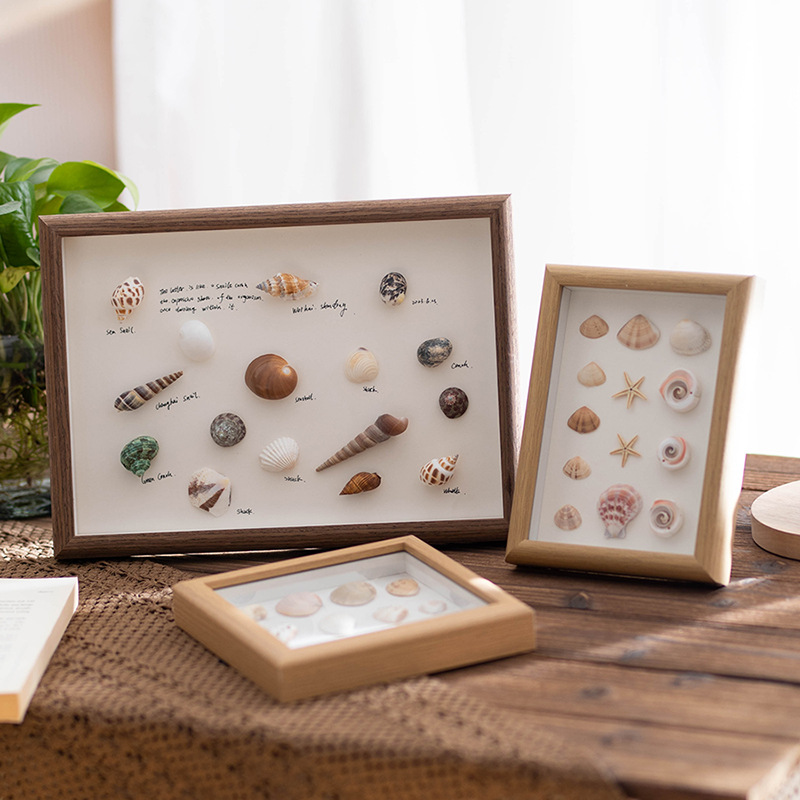 木質中空立體掛牆相框6寸相框擺台貝殼乾花標本框批發8帶卡紙畫框