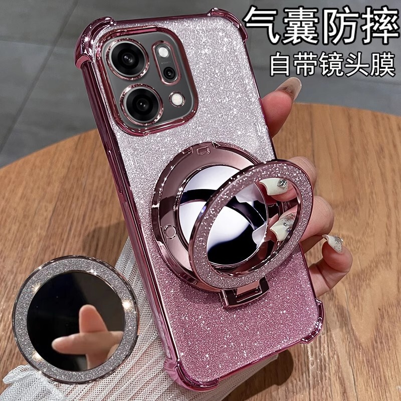 Glitter Mirror Holder Suitable for Oppo Reno14 Mobile Phone Case Four Corners Anti-Fall Oneplus Ace5 All-Inclusive K12S Soft