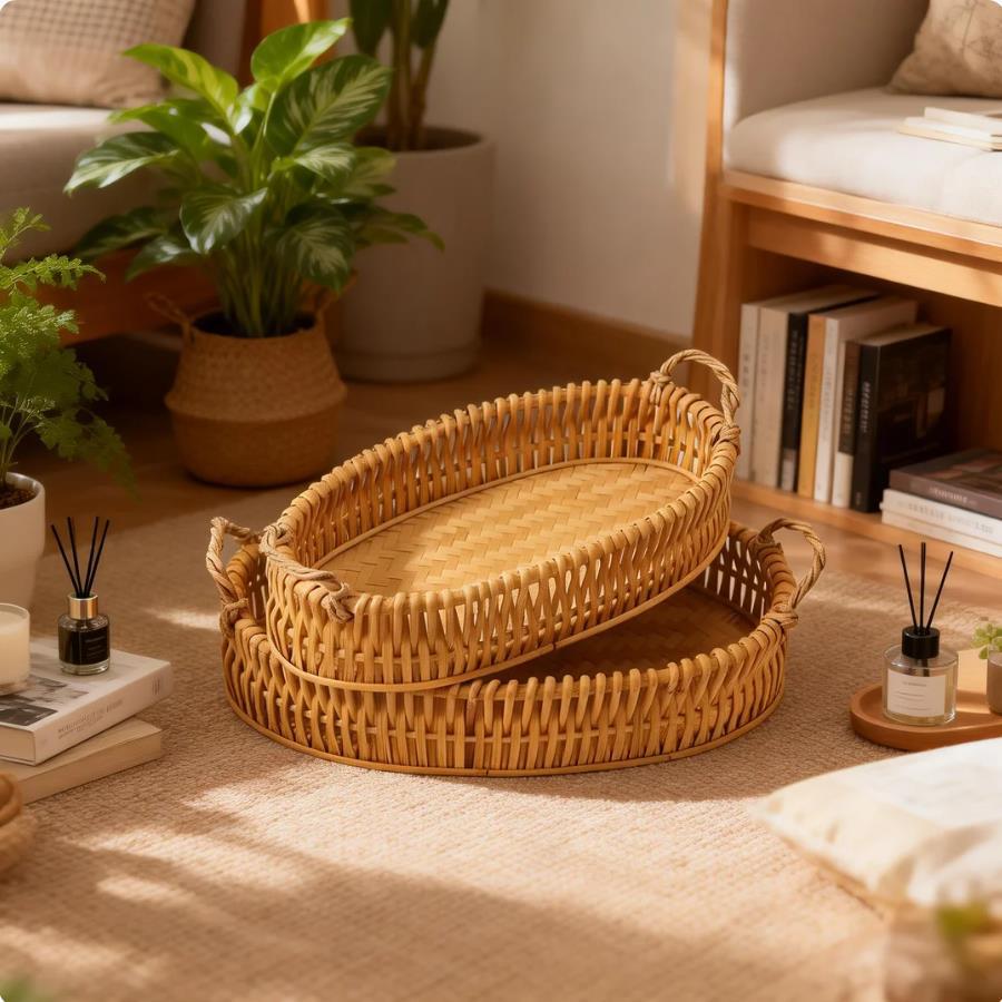 Cestas de frutas de caña tejidas a mano pan pan al vapor sala de estar canasta de estilo retro chino