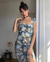 雨雾荚蒾·法式风情印花U型领性感微透斜裁真丝顺纡绉连衣裙